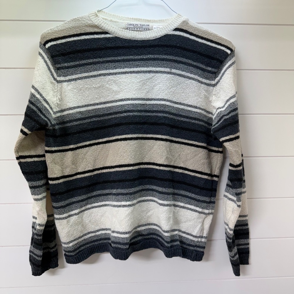 Carolyn Taylor Essentials Womens Large Striped Knit Sweater Gray White Crew Neck